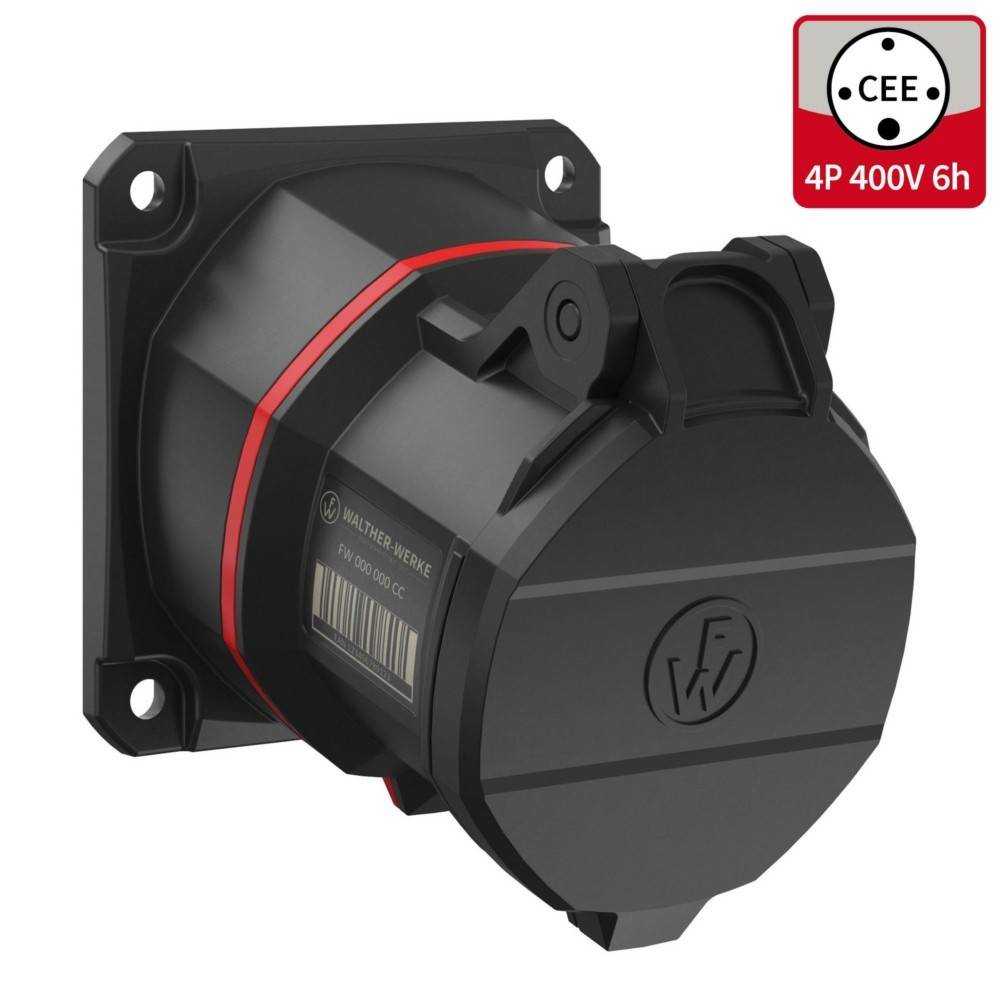 Runde schwarze industrielle Steckdose mit rotem Akzent, beschriftet mit 'CEE 4P 400V 6h'. Wird für kraftstromseitige Verbindungen verwendet, verfügt über eine Klappabdeckung.