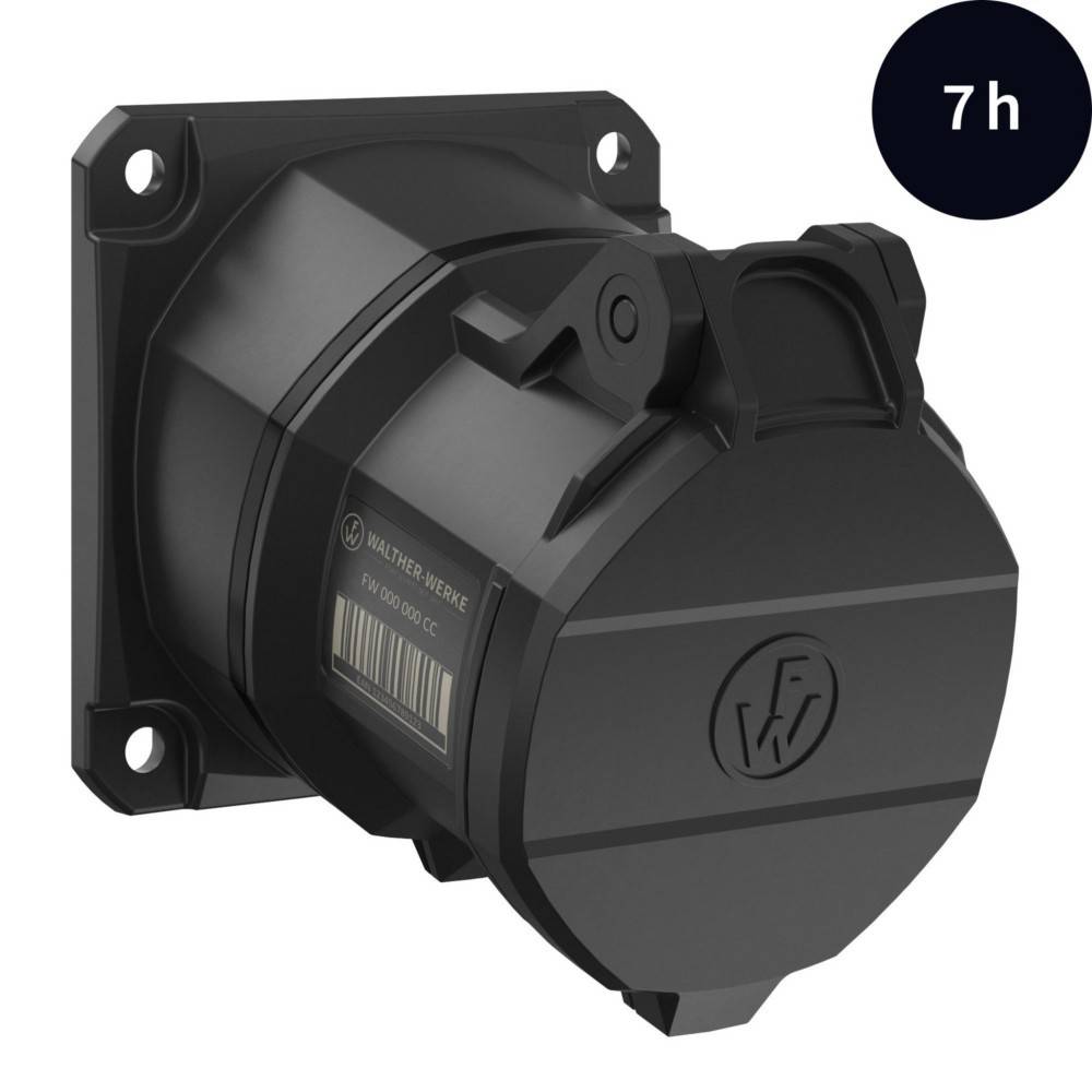 Schwarze wandmontierte Steckdose mit Schutzdeckel, beschriftet mit ‚WALTHER WERKE'. Uhrensymbol in der Ecke zeigt ‚7h'.