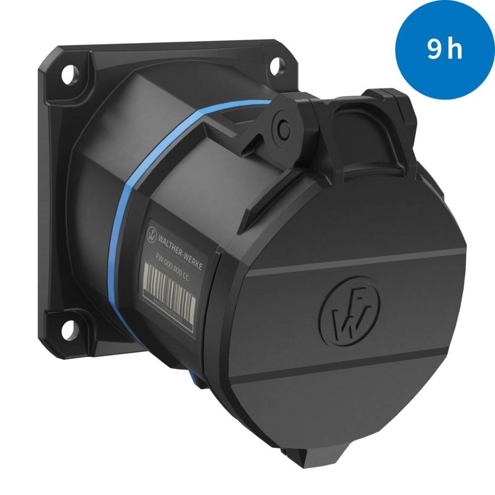 Ein schwarzer industrieller Anschluss mit einem blauen Band, montiert auf einer quadratischen Basis, konzipiert für sichere elektrische Verbindungen. Ein blauer Kreis zeigt die Beschriftung '9h'.