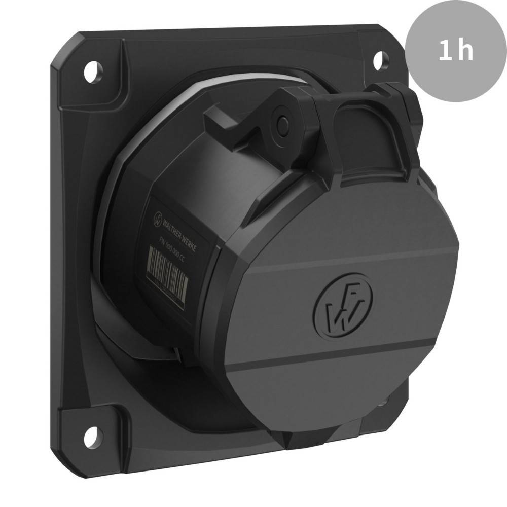 Eine schwarze industrielle Steckdose mit einer sicheren Abdeckung, an einer Wand montiert. Sie hat ein kreisförmiges Design mit einem Logo und einer '1h'-Beschriftung oben rechts.