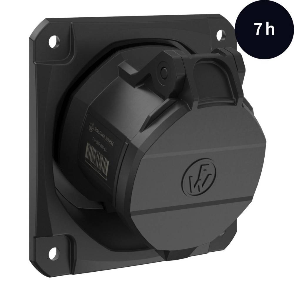 Eine schwarze industrielle Steckdose mit einem 7h-Positionsmarker auf einem dunklen kreisförmigen Hintergrund wird gezeigt.