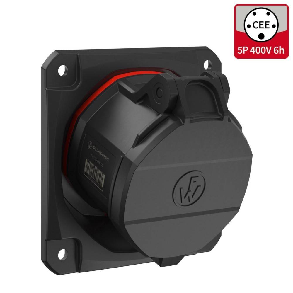 Schwarze industrielle Stromsteckdose, fünfpolig, 400V, CEE-Standard mit rotem Akzent, auf einer quadratischen Grundfläche montiert.