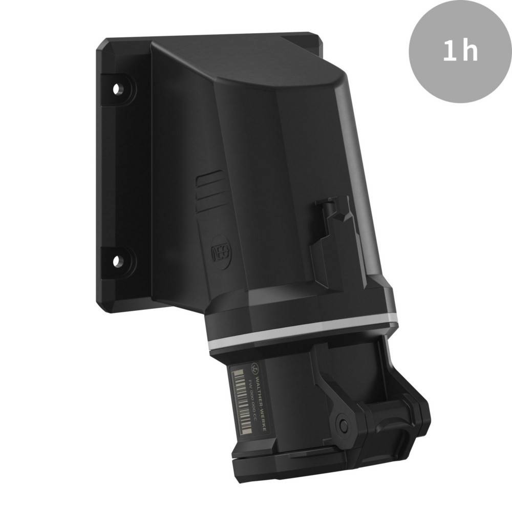 Ein schwarzer, an der Wand montierter EV-Ladegerät mit einer '1h'-Kennzeichnung, die eine Ladedauer von einer Stunde anzeigt.