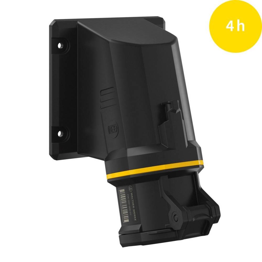 Schwarze, wandmontierte E-Fahrzeug-Ladestation mit einem gelben '4h'-Etikett, das eine Ladezeit von 4 Stunden anzeigt.