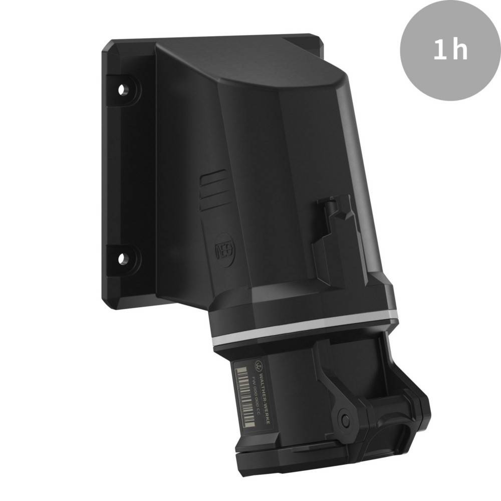 Ein schwarzer, wandmontierter E-Fahrzeug-Ladegerät mit elegantem Design auf weißem Hintergrund. In der oberen rechten Ecke wird '1h' angezeigt, was die Ladezeit angibt.