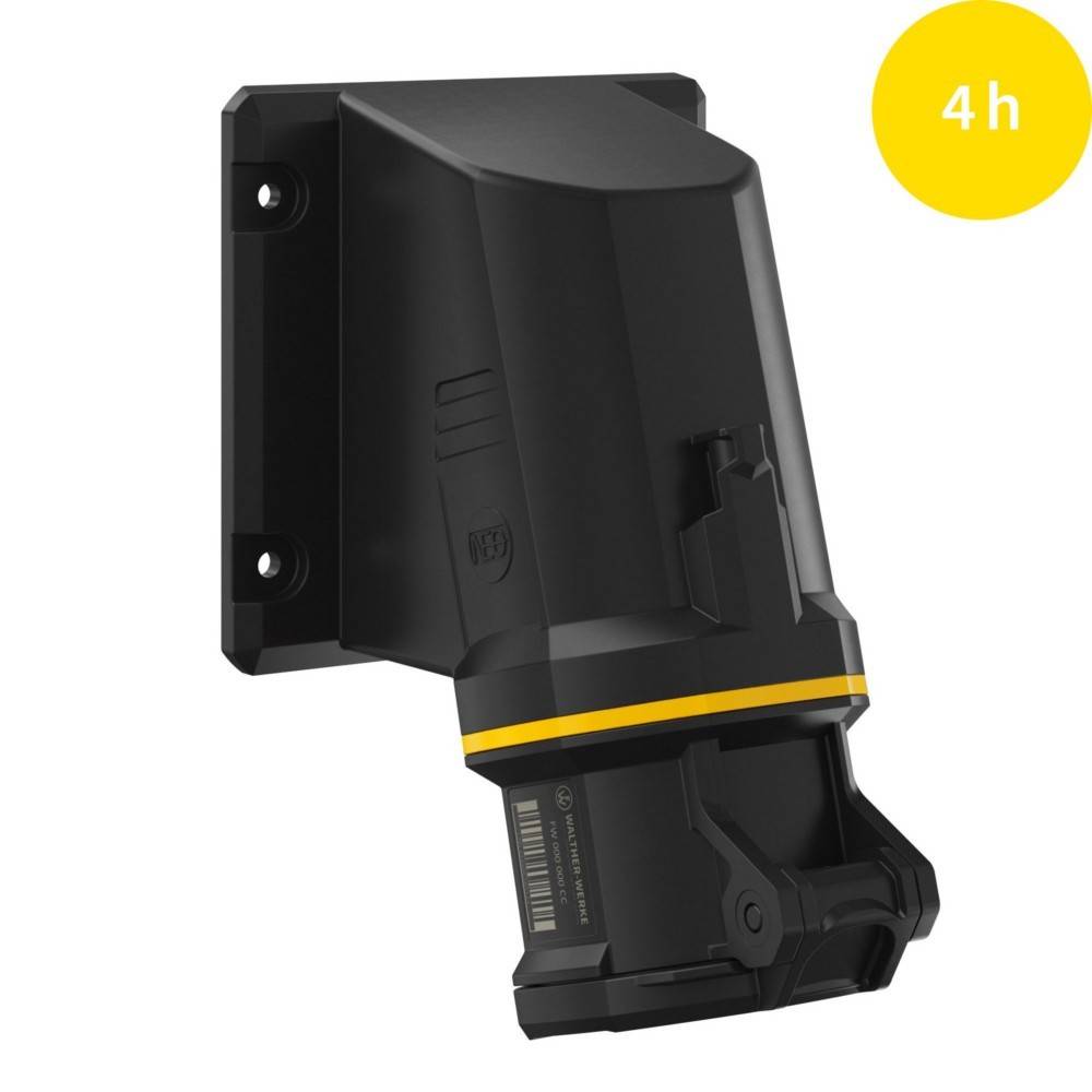 Eine schwarze, an der Wand montierte Dockingstation mit einer gelben Anzeige in der oberen rechten Ecke, die mit '4h' beschriftet ist und auf eine Ladezeit von vier Stunden hinweist.