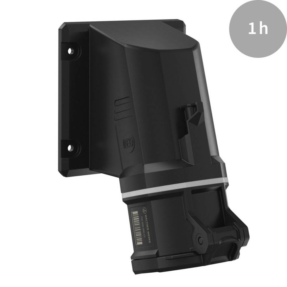 Eine schwarze, an der Wand montierte Batterieladegerät-Einheit mit einem kleinen grauen Kreis in der oberen rechten Ecke, der '1h' anzeigt und eine Ladezeit von einer Stunde signalisiert.