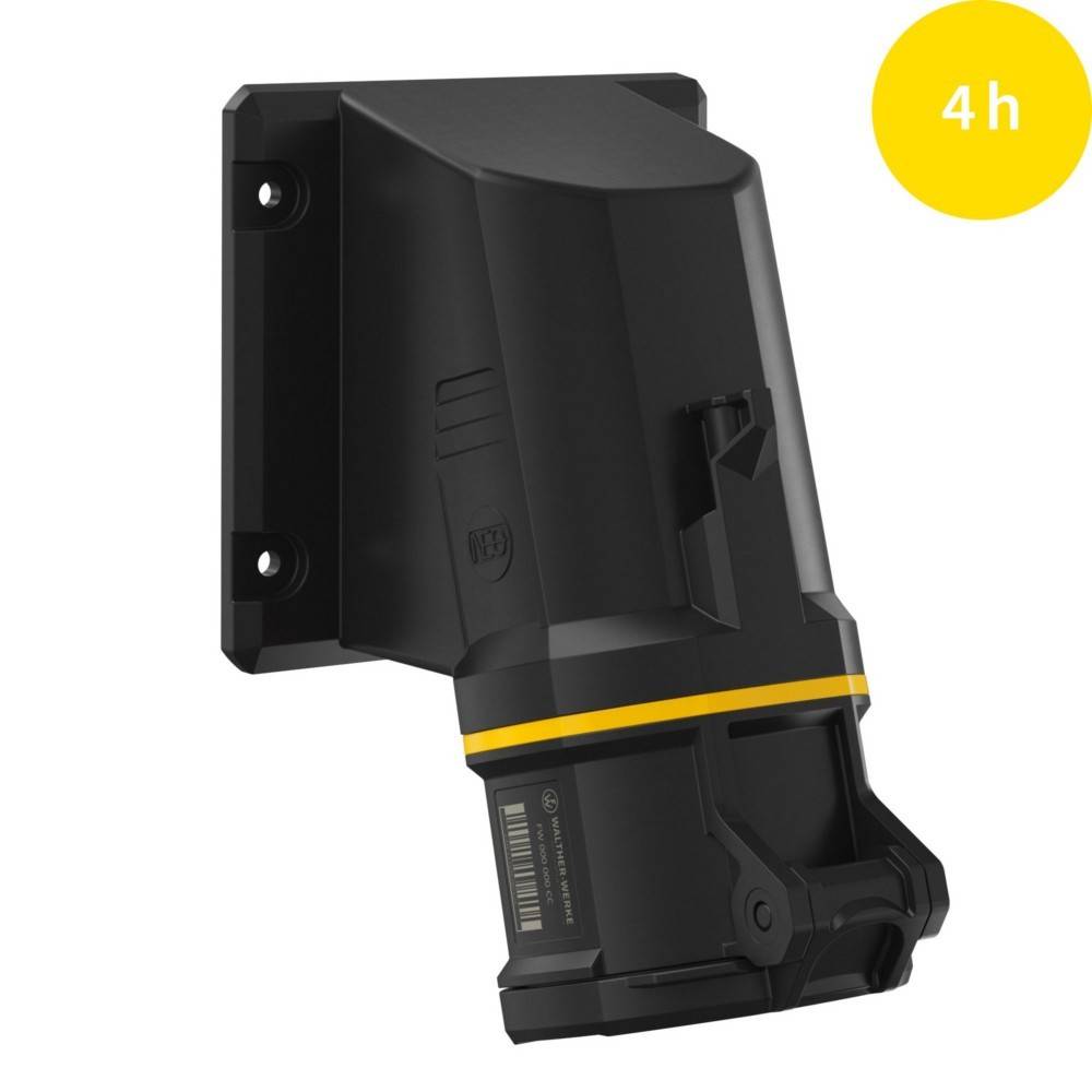 Schwarze und gelbe industrielle Wandhalterung mit einem gelben Kreis, der '4h' zeigt und eine langlebige oder zeitbezogene Funktion andeutet.