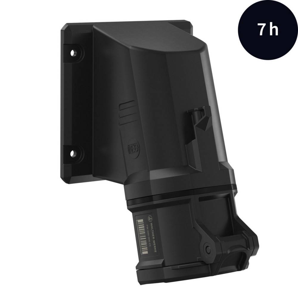 Ein schwarzer wandmontierter EV-Ladegerät, Highlights beinhalten ein digitales Display, das '7h' zur Anzeige der verbleibenden Ladezeit zeigt.