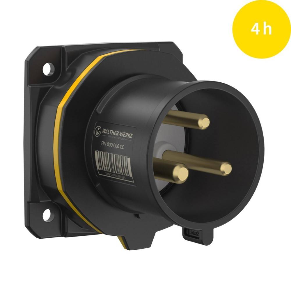 Eine schwarze industrielle Steckdose mit drei goldenen Stiften, beschriftet mit 'WALTHER-WERKE', mit einem gelben '4h'-Symbol in der oberen rechten Ecke.