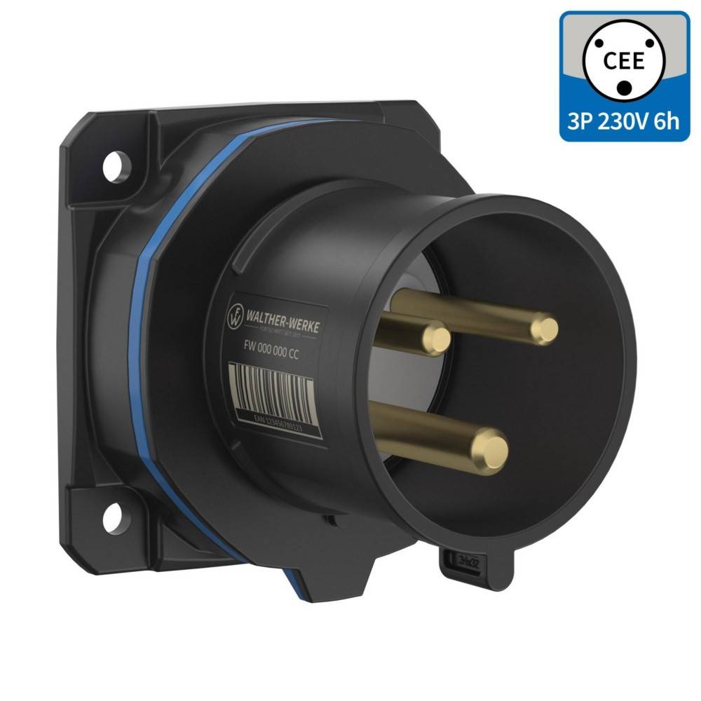 Nahaufnahme einer schwarzen industriellen Steckdose mit drei goldenen Kontakten, mit der Aufschrift 