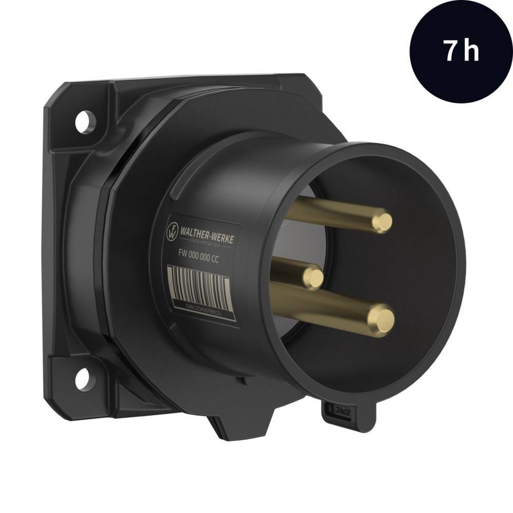 Ein schwarzer elektrischer Stecker mit drei Stiften, beschriftet mit ‚Walther-Werke'. Ein dunkler Kreis mit ‚7h' in der oberen rechten Ecke.