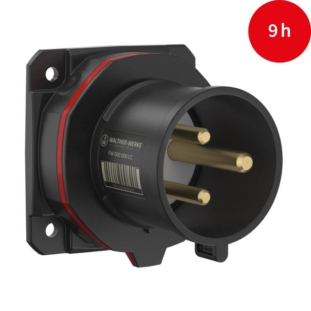 Eine schwarze kreisförmige industrielle Steckdose mit drei langen Stiften, mit der Aufschrift „WALTHER-WERKE