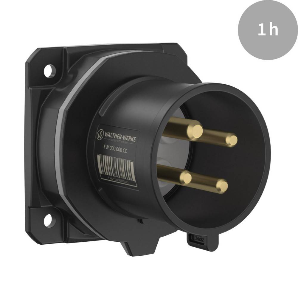 Industrieller Elektrostecker von 'Walther-Werke' mit drei Stiften, für Hochleistungsverbindungen konzipiert, in der Ecke mit '1h' gekennzeichnet.