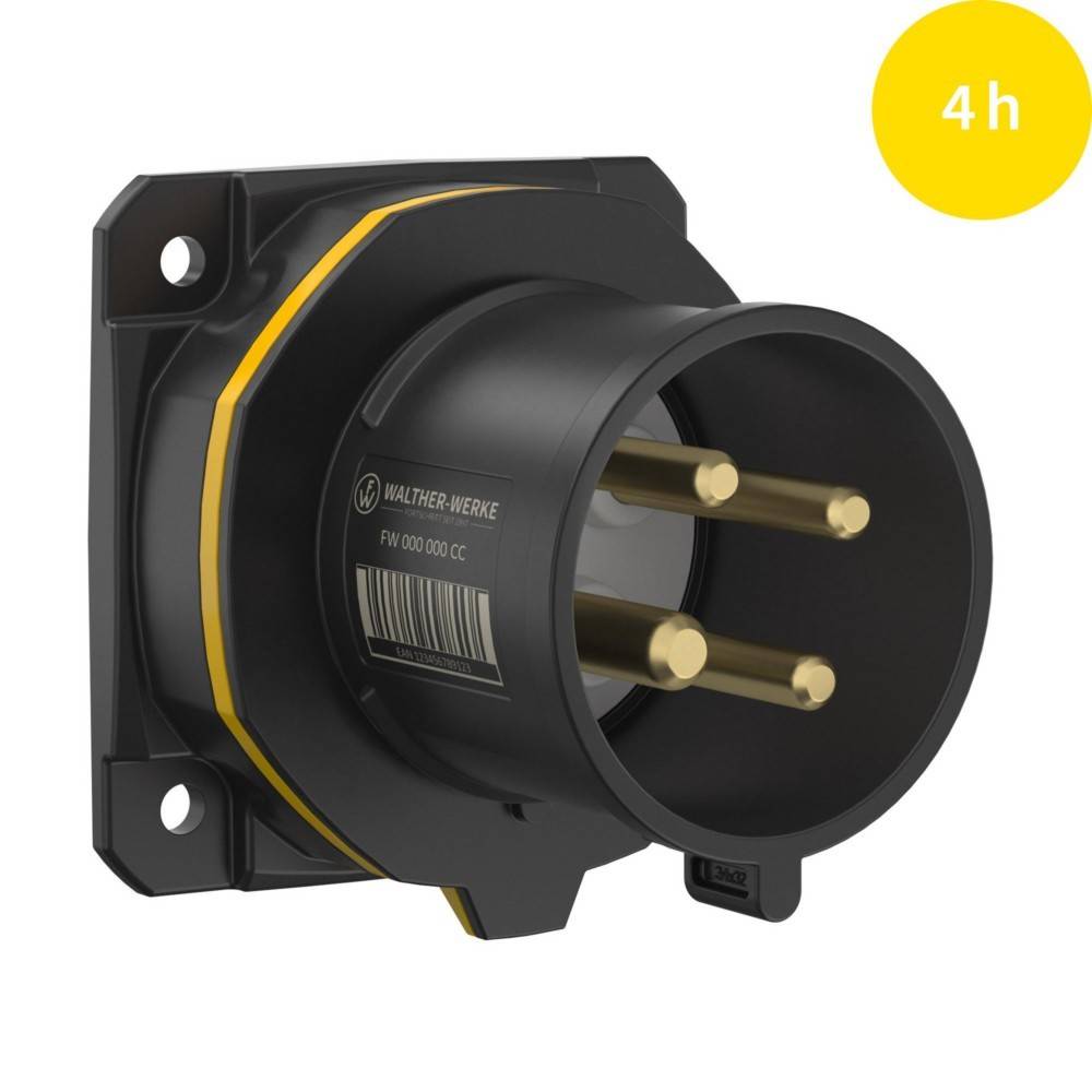 Industriestecker mit drei Metallstiften, konzipiert für Hochspannungsverbindungen, gekennzeichnet mit '4h' in einem gelben Kreis in der oberen rechten Ecke.