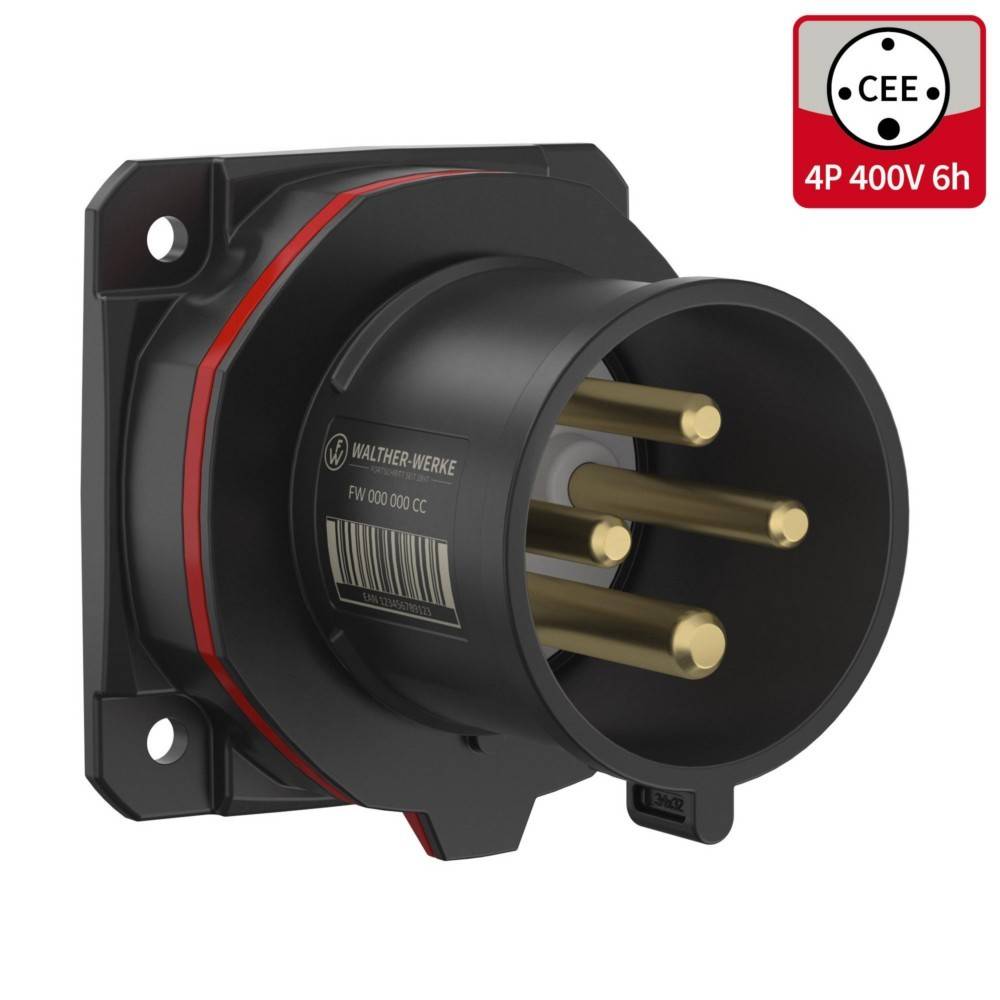 Eine vierpolige industrielle Elektroschutzkontaktsteckdose, gekennzeichnet mit 'CEE 4P 400V 6h', für Hochspannungsverbindungen konzipiert, an einer Tafel montiert.
