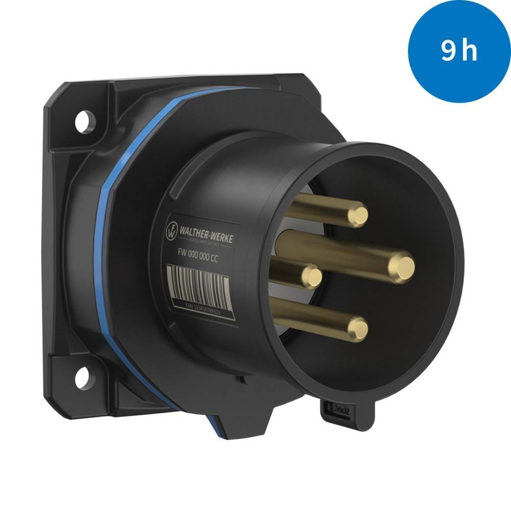 Ein schwarzer industrieller Elektro-Stecker mit vier Messingbolzen, beschriftet mit ‚WALTHER-WERKE' und einem blauen Kreis mit ‚9h' in der oberen rechten Ecke.