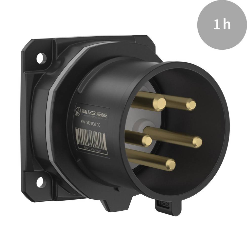 Walther-Werke' Industriestecker mit einem runden, schwarzen Gehäuse und vier Messingkontaktstiften. Im oberen rechten Eck mit '1h' gekennzeichnet.