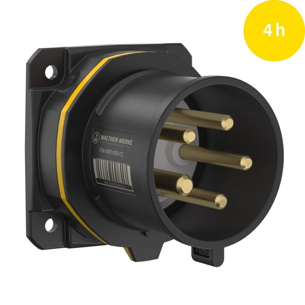 Eine schwarze elektrische Steckdose mit fünf Messingbolzen, vor einem weißen Hintergrund. Ein gelber Kreis in der Ecke zeigt '4h'.