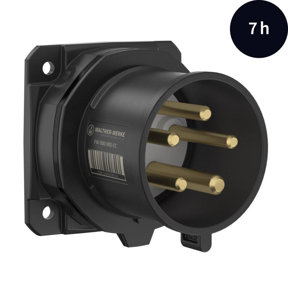 Eine schwarze industrielle Stromsteckdose mit mehreren goldenen Anschlüssen für sichere elektrische Verbindungen. Eine Beschriftung '7h' ist in der oberen rechten Ecke zu sehen.