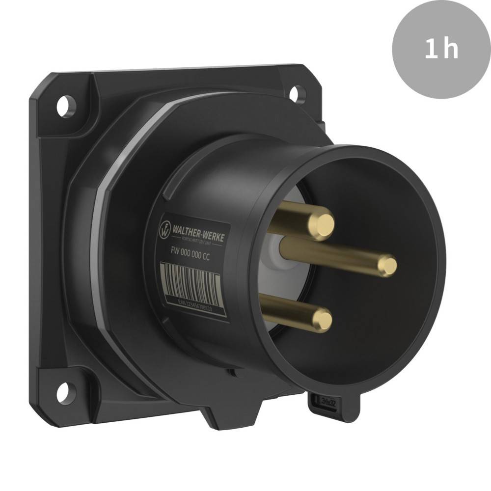 Eine schwarze elektrische Steckdose mit drei freiliegenden Anschlüssen, die eine runde Basis und eine quadratische Befestigungsplatte aufweist.