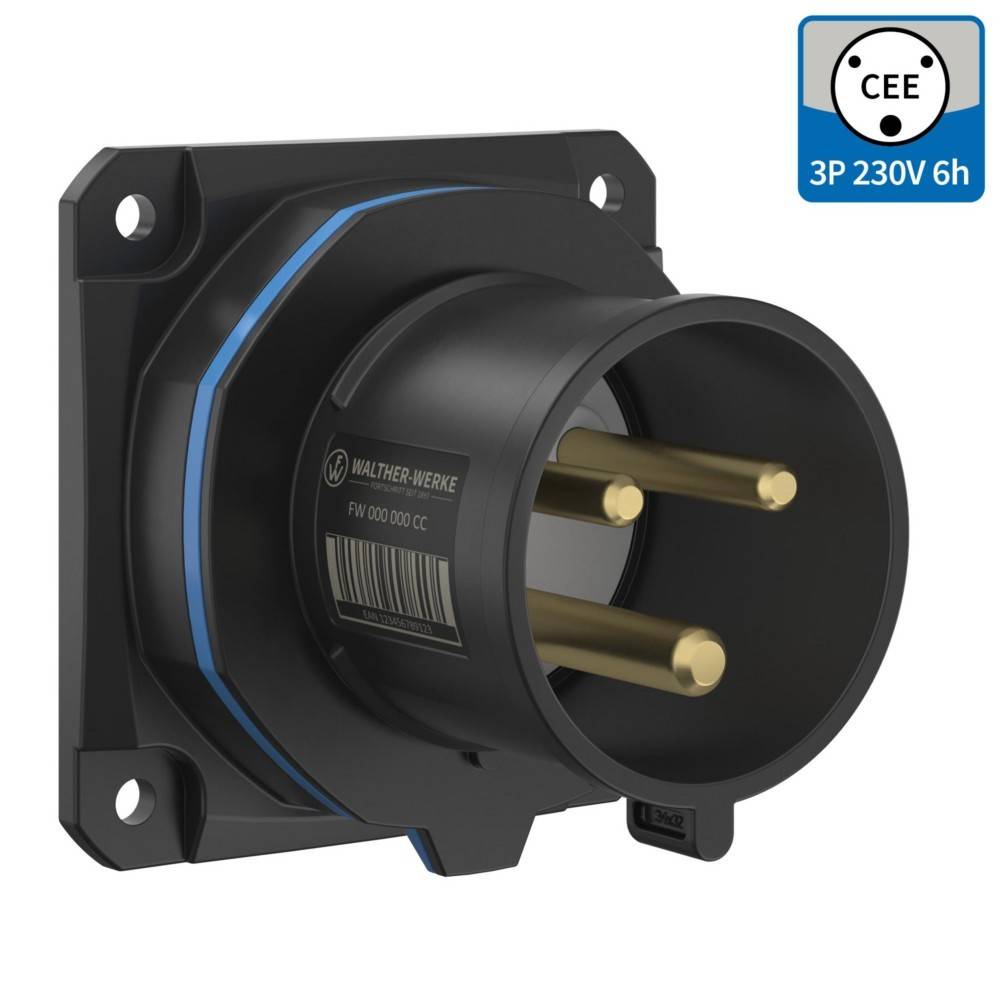 Industrieller elektrischer Verbinder 'Cee Blue 3P 230V 6h' mit drei Kontakten und Befestigungslöchern, verwendet für Hochleistungsgeräteverbindungen.