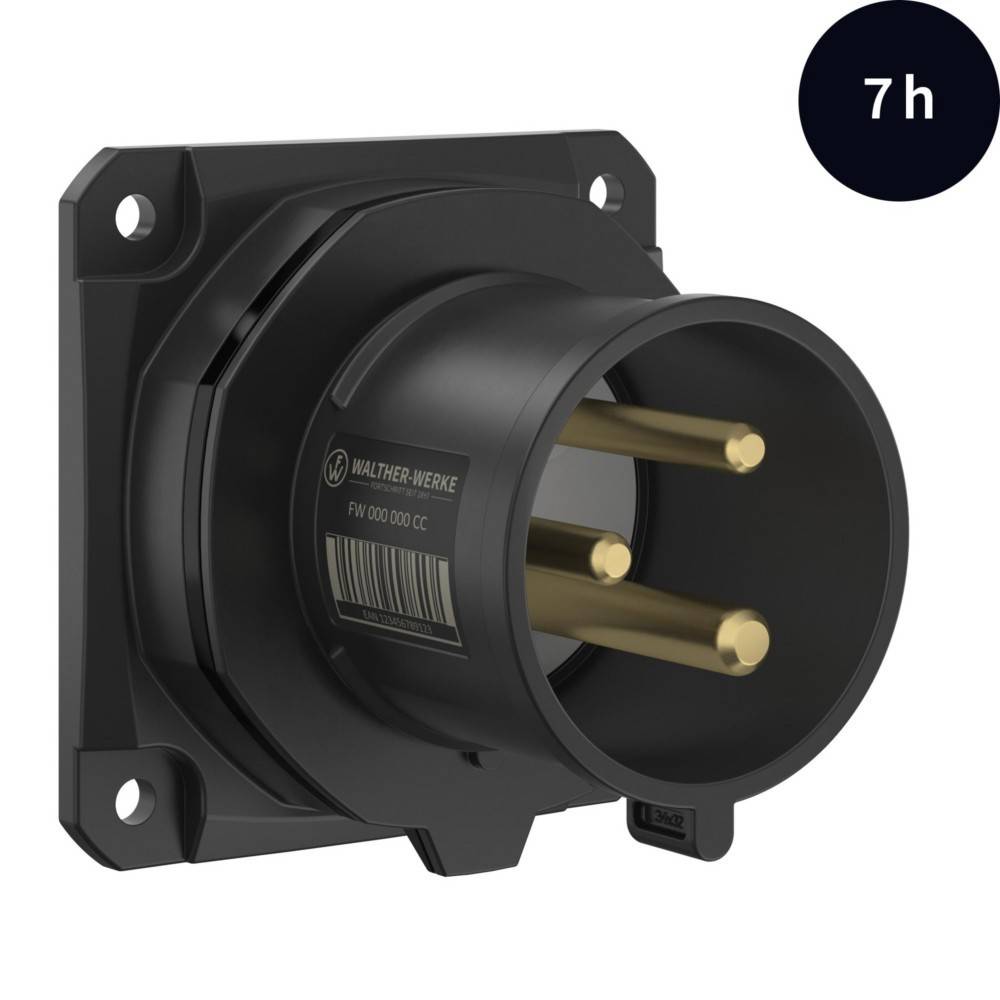 Eine schwarze industrielle Steckdose mit drei Metallstiften ist auf weißem Hintergrund zu sehen. Eine Beschriftung zeigt '7h' zur Orientierung.