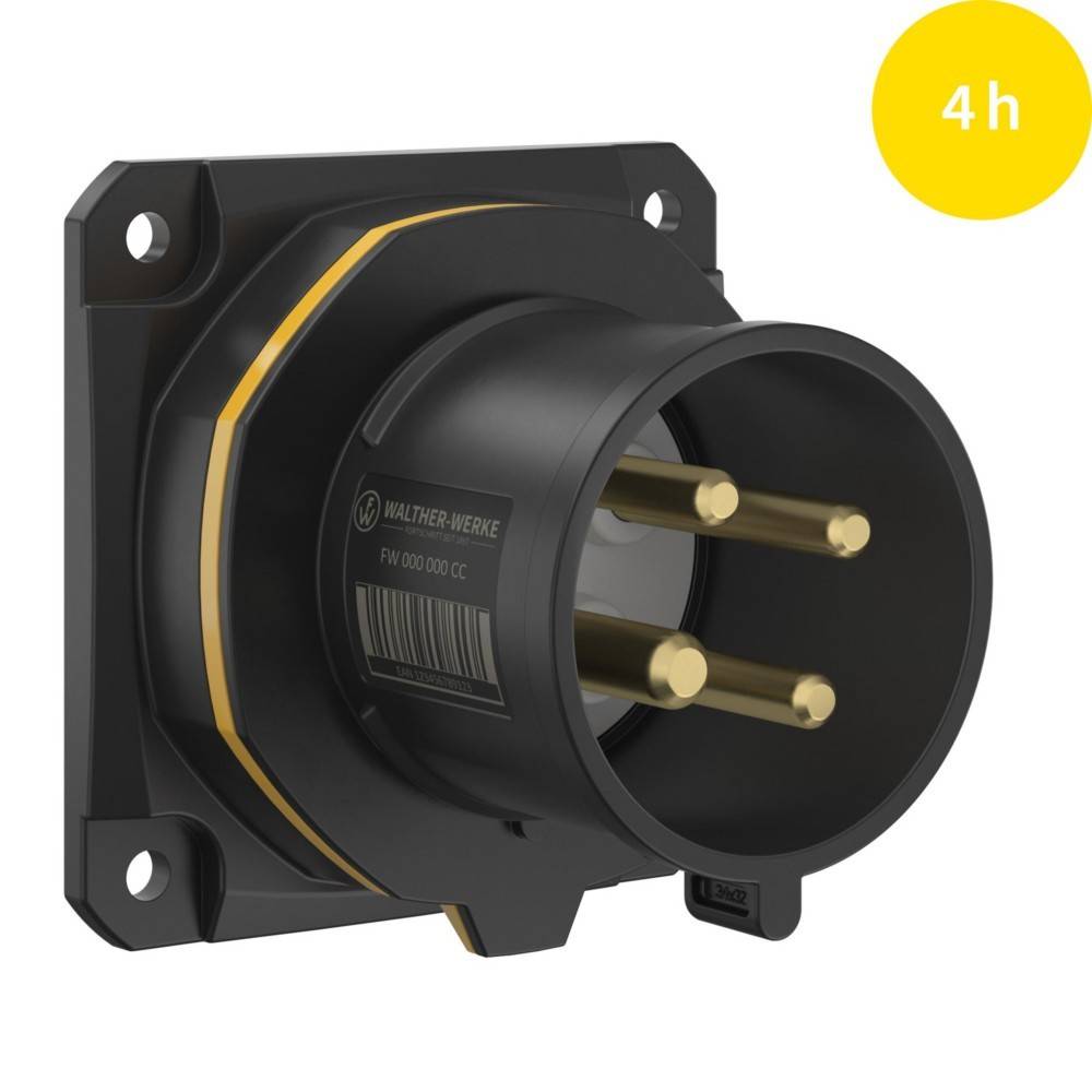 Schwarze Industriesteckdose mit drei goldenen Stiften und schwarzem Gehäuse. Gelber Kreis in der oberen Ecke mit der Beschriftung '4h'.