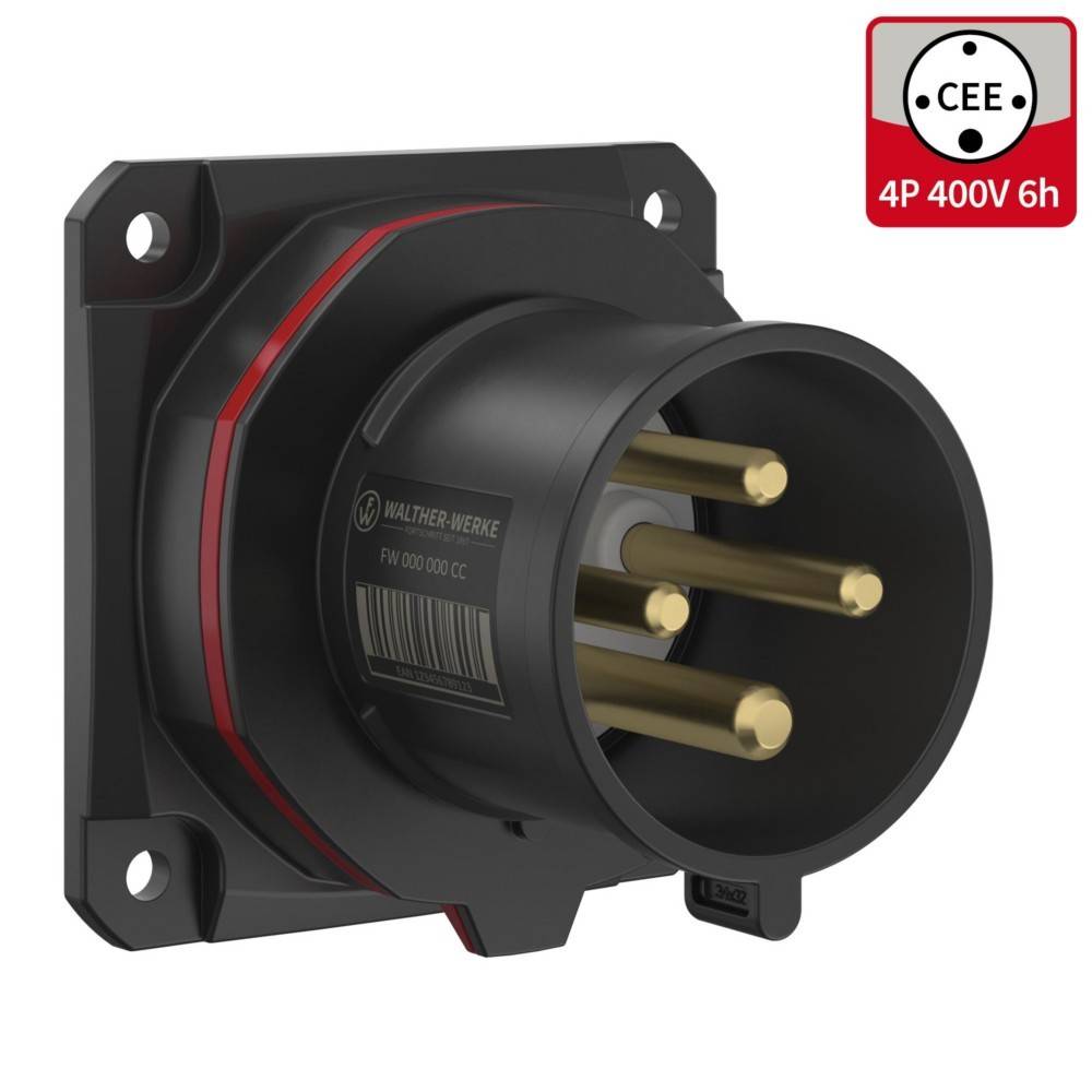 Eine schwarze und rote industrielle Steckdose mit vier Metallstiften, beschriftet mit ‚CEE 4P 400V 6h'.