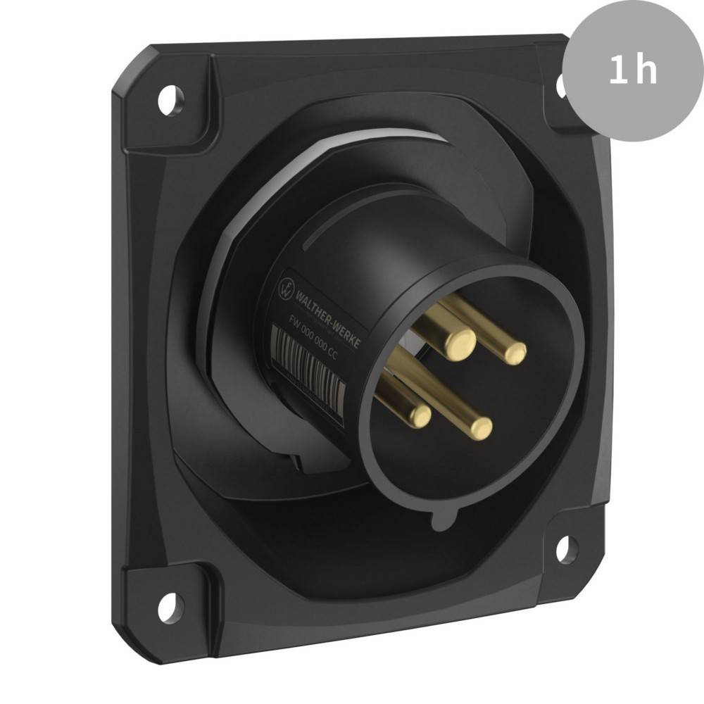 Nahaufnahme eines kreisrunden schwarzen Elektrosteckers mit drei goldenen Stiften, der auf einer quadratischen Basis montiert ist. Ein grauer Kreis in der Ecke zeigt '1h'.