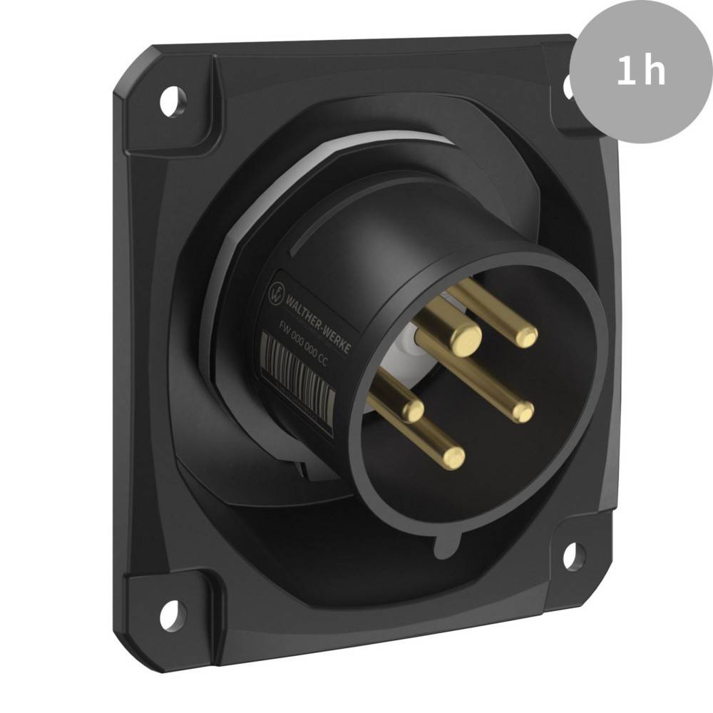 Eine 3D-Darstellung eines schwarzen industriellen Netzsteckers mit drei goldenen Kontakten und einer Beschriftung mit '1h'.