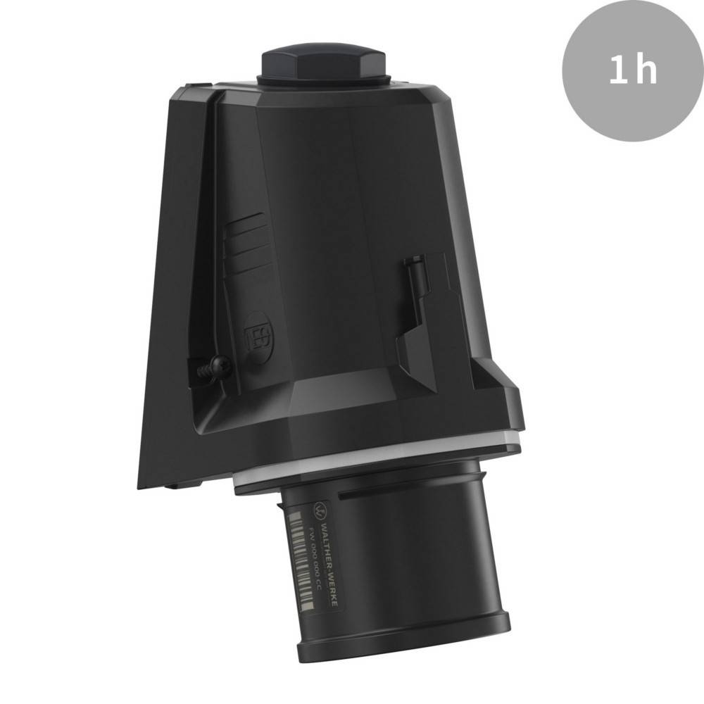 Ein schwarzes, eckiges mechanisches Gerät mit einer rotierenden Basis. Die Oberseite verfügt über eine sechseckige Kappe. Ein grauer Kreis in der Ecke zeigt '1h'.