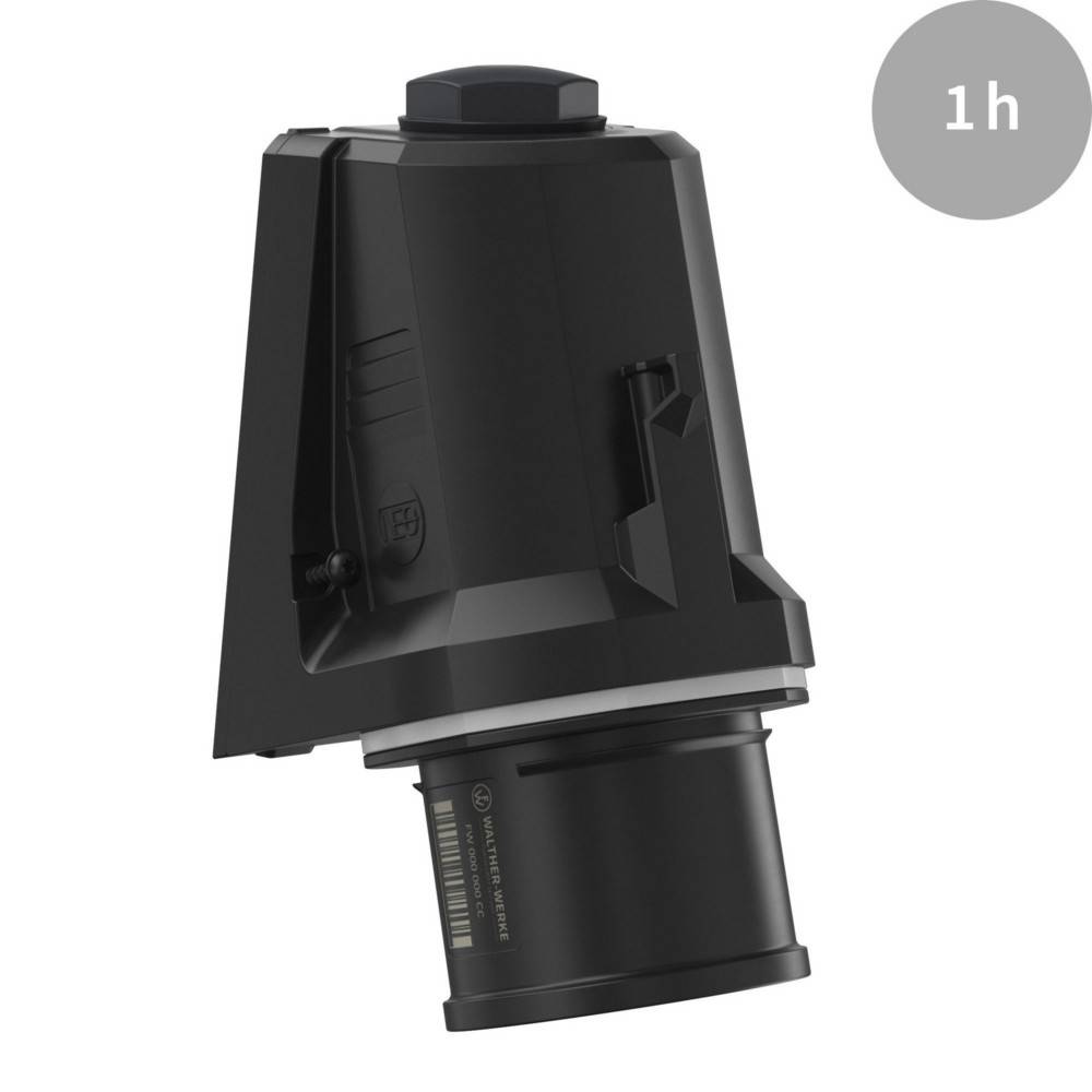 Schwarzes, gewinkeltetes, zylindrisches Gerät auf weißem Hintergrund mit einer '1h'-Beschriftung in der oberen rechten Ecke.