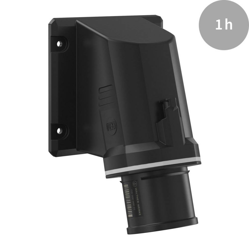 Eine schwarze, wandmontierte Zylinder-Vorrichtung mit einem digitalen Timer, der ‚1h' anzeigt, ist an ihrer Seite befestigt.