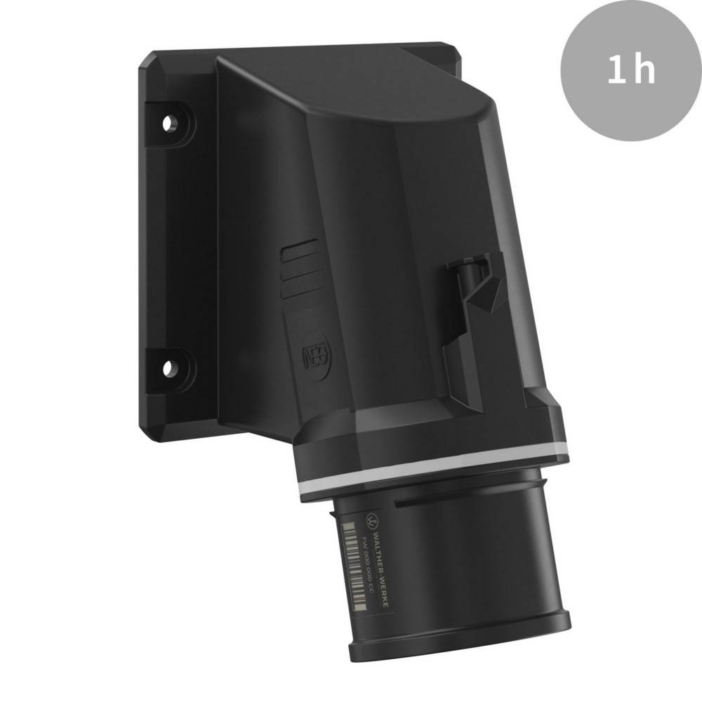 Ein schwarzer industrieller Stecker, der an einer Halterung vor einem weißen Hintergrund montiert ist, mit einem grauen Kreis in der Ecke, der '1h' anzeigt.