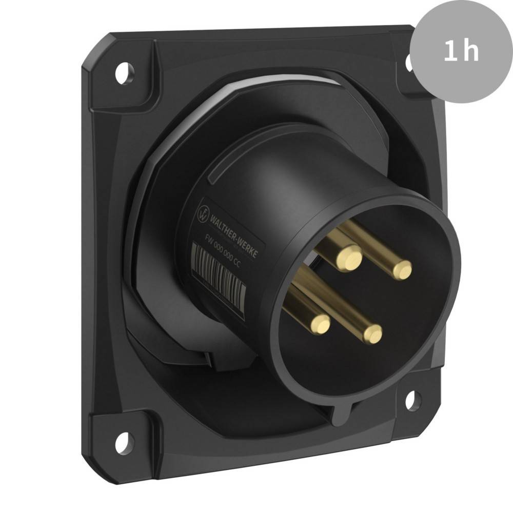 Eine schwarze elektrische Steckdose mit drei goldenen Stiften, montiert auf einem quadratischen schwarzen Gehäuse. Ein grauer Kreis in der Ecke zeigt '1h'.