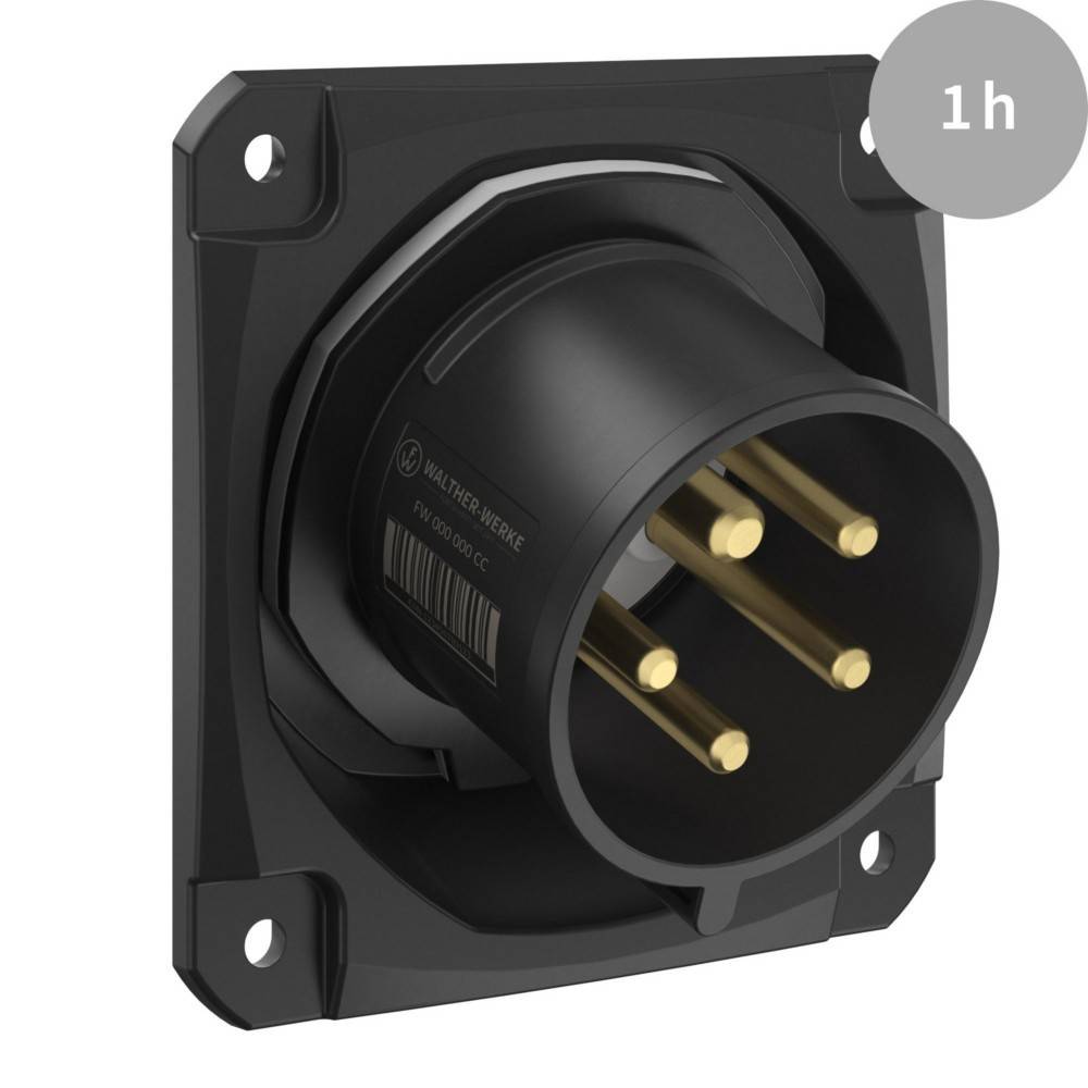 Steckdose mit vier zylindrischen Stiften und einer Beschriftung mit '1h' in der oberen rechten Ecke, möglicherweise zur Anzeige zeitbezogener Informationen.