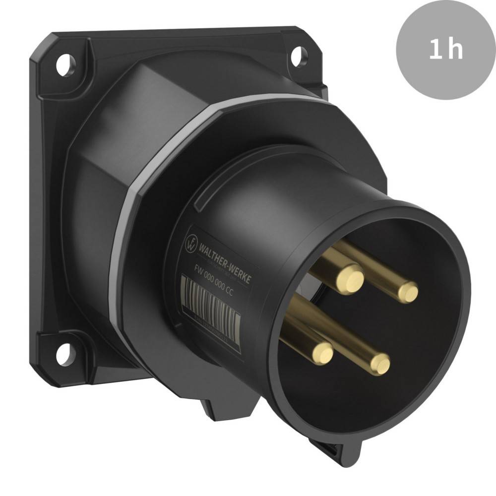 Ein industrieller männlicher Elektroanschluss mit drei Goldpins, konzipiert für Hochleistungsanwendungen. Die Beschriftung zeigt eine Position von '1h'.