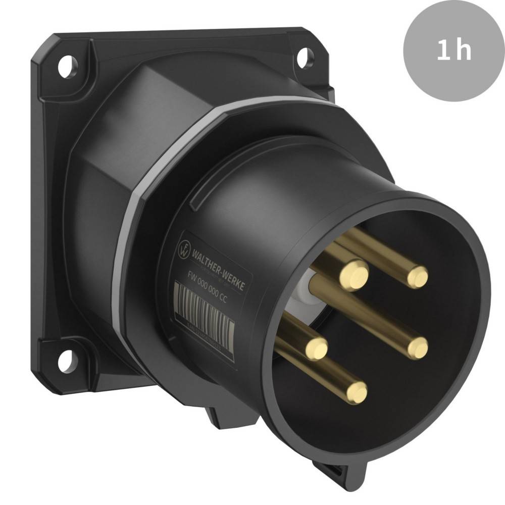 Ein schwarzer industrieller Stromstecker mit goldfarbenen Stiften und einem Barcode, beschriftet mit Walther Werke. Ein grauer Kreis in der Ecke zeigt „1h