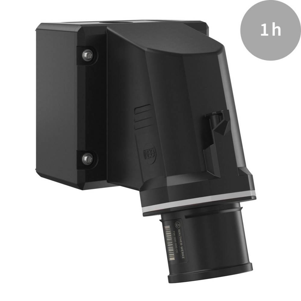 Ein schwarzes und metallisches Arbeitsgerät, höchstwahrscheinlich ein Schleifwerkzeug, wird aus einem Seitenwinkel gezeigt. Ein grauer Kreis mit der Aufschrift „1h