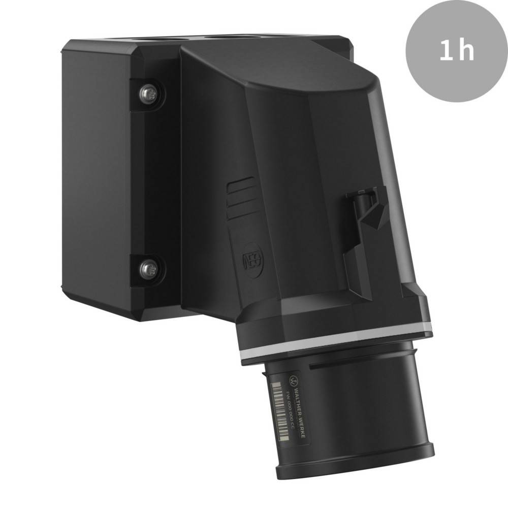 Eine schwarze, wandmontierte Außensicherheitsleuchte mit elegantem Design und einer Einstellanzeige für einen Einsstundentimer in der oberen rechten Ecke.