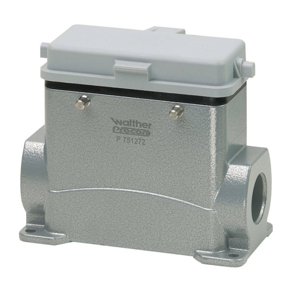 Ein Walther-Elektroverbindungsgehäuse in Grau mit rechteckiger Form und seitlichen Eingangsports für Kabelverbindungen.