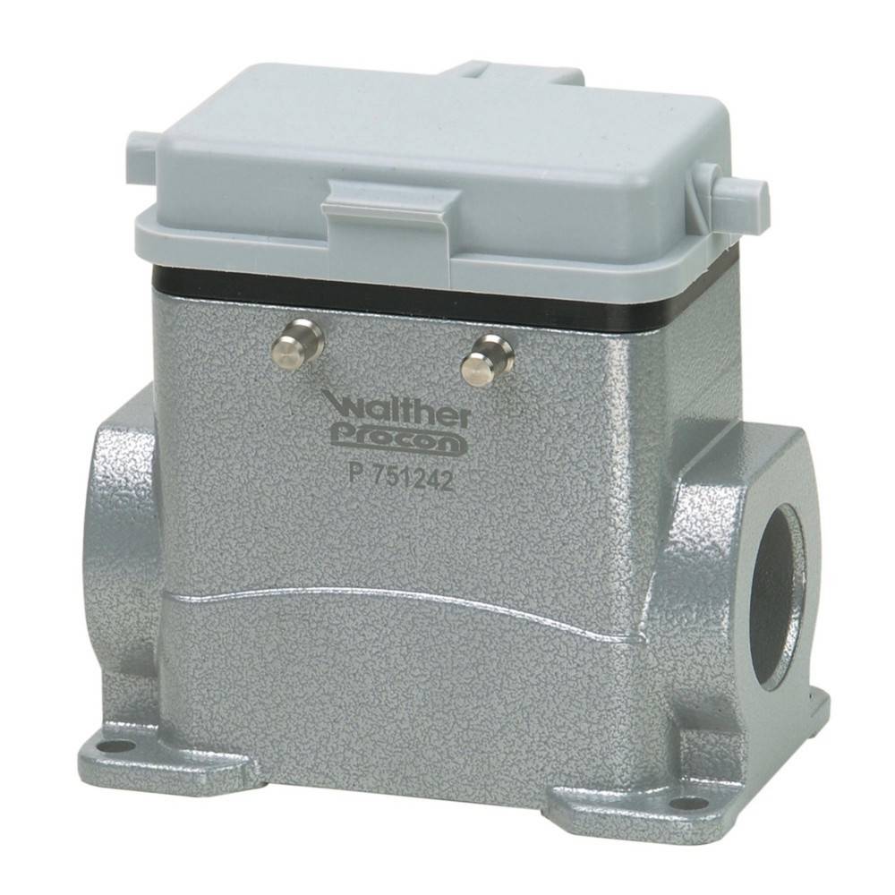 Ein metallisches rechteckiges elektrisches Anschlussgehäuse mit einer grauen Abdeckung, gekennzeichnet mit 'Walther P-75124', konzipiert für industrielle Anwendungen.