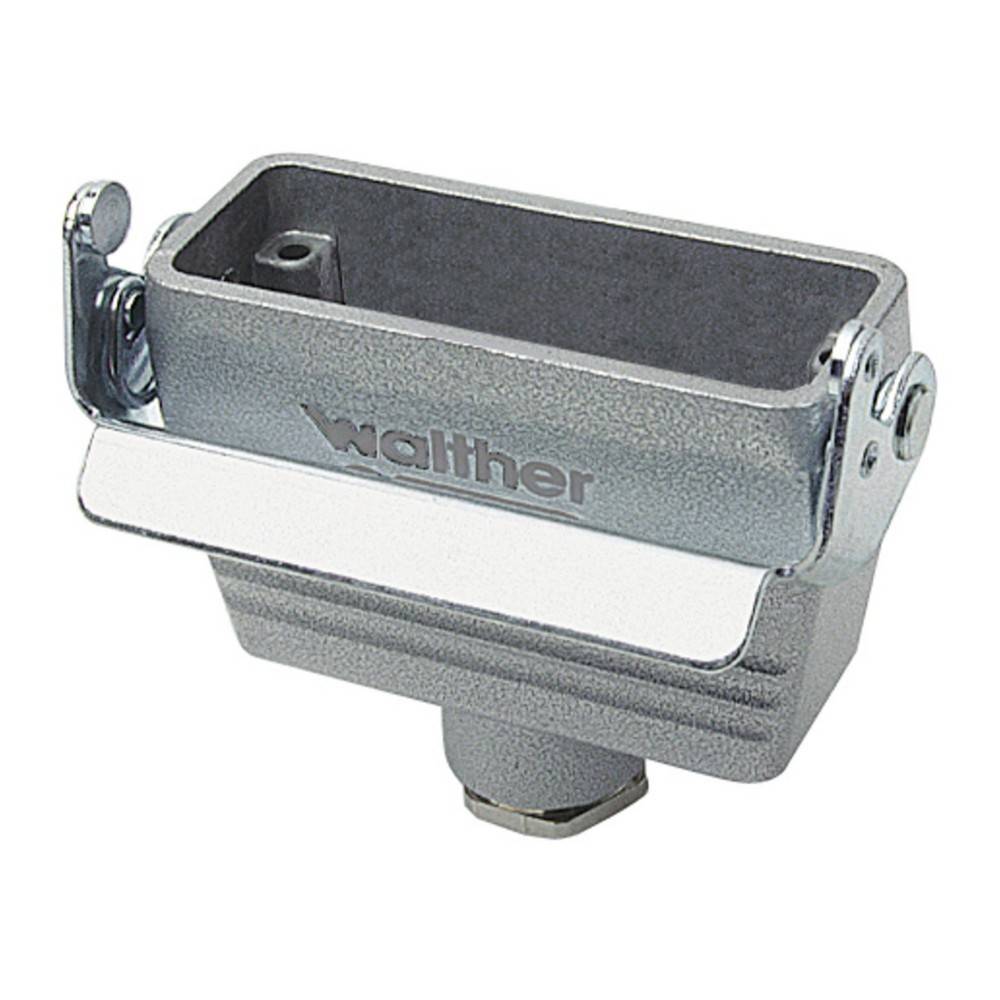 Rechteckiger metallischer elektrischer Verbindungsstecker mit eingraviertem 'Walther', ausgestattet mit einem klappbaren Verschluss für eine sichere Befestigung.