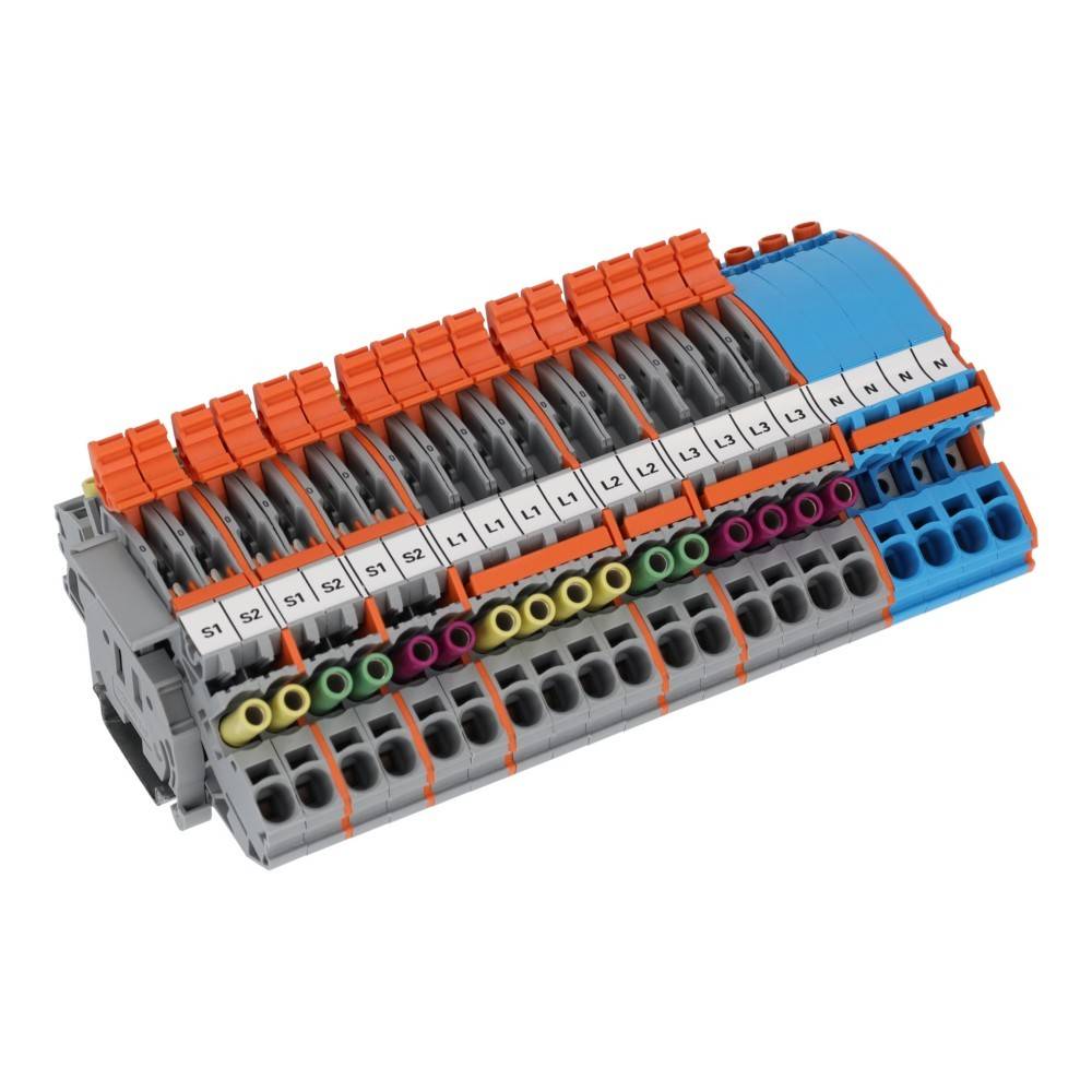 Kompaktes elektrisches Klemmleistenblock mit orangefarbenen Hebeln, grauer Basis und blauer Endkappe, zeigt mehrere gekennzeichnete Drahtanschlussanschlüsse.