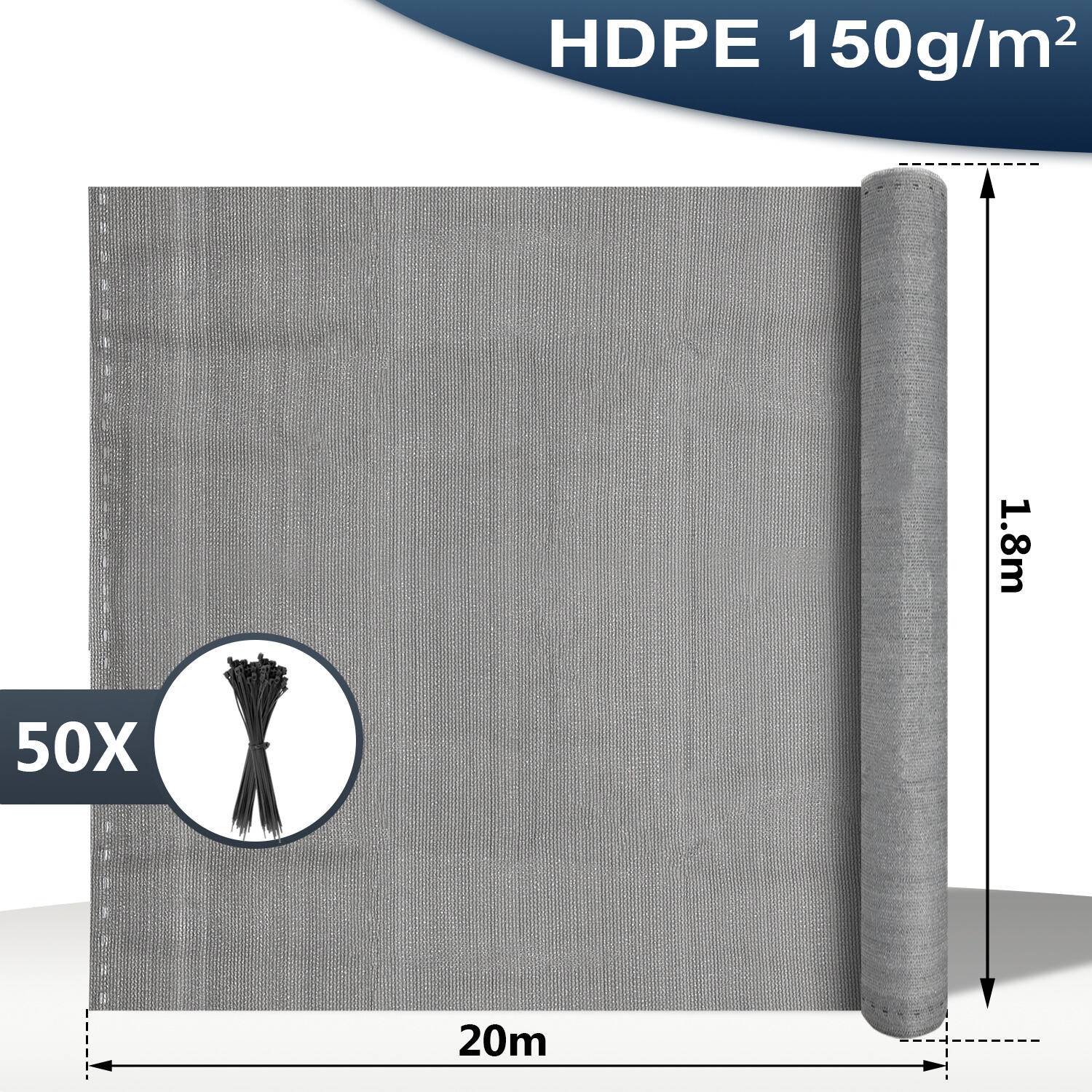 Garten-Sichtschutz Zaunblende HDPE-Zaunblende Sichtschutz 1.8*20m grau