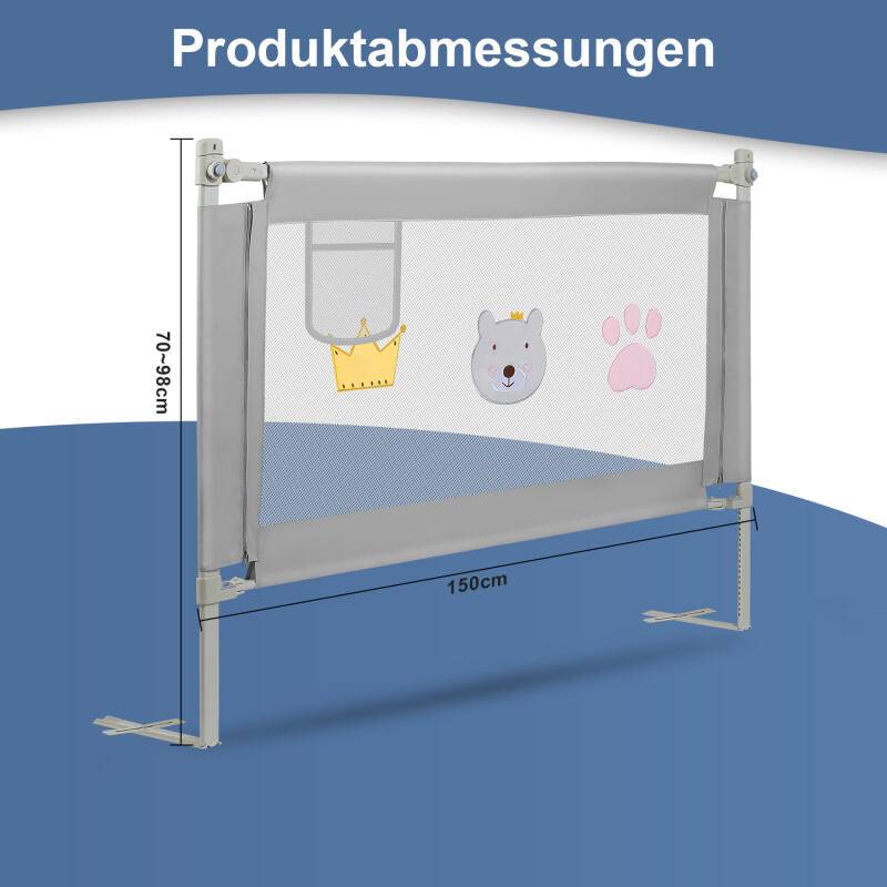 Bettgitter 150x70cm Bettschutzgitter Kinderbettgitter Babybettgitter Rausfallschutz für Bett Grau