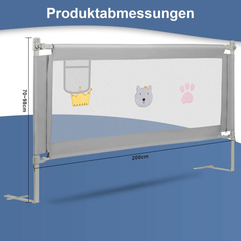 Bettgitter Bettschutzgitter Kinderbettgitter 200cm Babybettgitter Gitter Kinderbett Fallschutz Bett gray