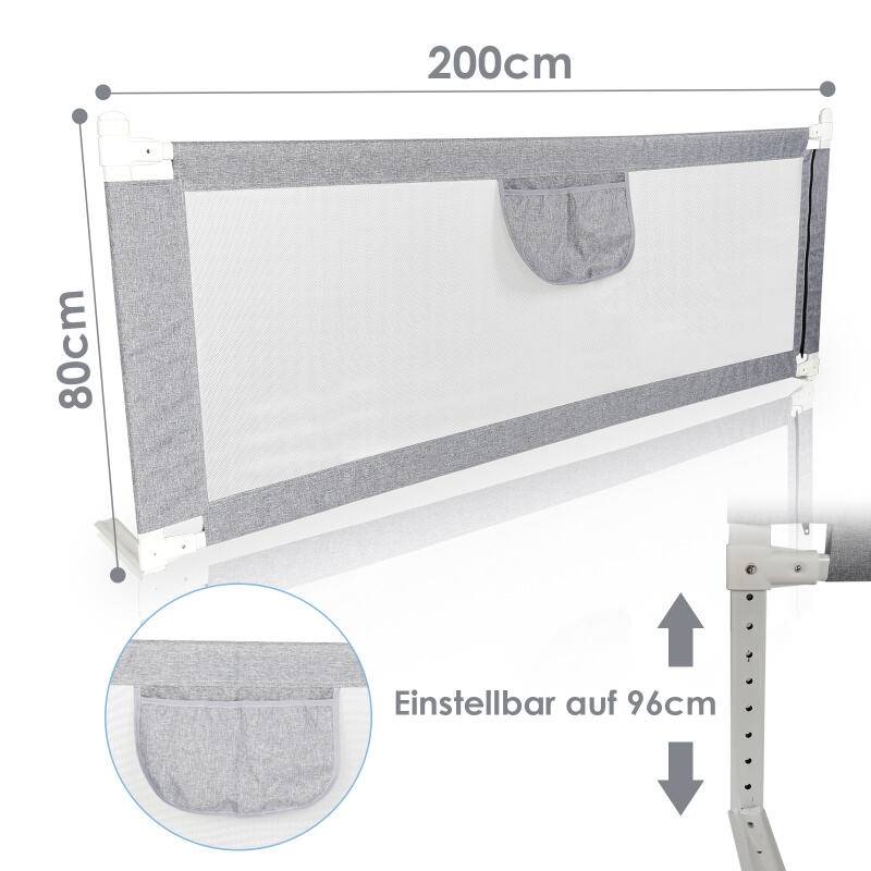 Baby Bettgitter Kinderbettgitter Bettschutzgitter mit Vertikal anhebbar und Einhandbedienung zum Schutz vor Stürzen für Babys und Kinder - 200CM