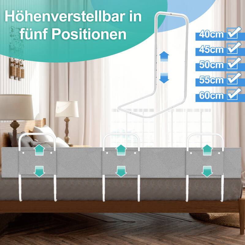 Bettgitter Bettschutzgitter 5-Loch Höhenverstellbar 200cm Rausfallschutz Bett, Kinderbettgitter, Babybettgitter Sicher, Einfach zu Montieren, Grau